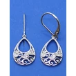 Csepp alakú, szecesziós cirkon köves, árrört mintás ezüst lógós fülbevaló