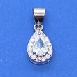 Csepp formáljú fehér cirkon sorkővel keretezett 3 karomba foglalt fehér cirkon köves ezüst medál
