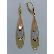 3 színű 3 csepp alak egymásra helyezve halpikkely szerűen, magas fénnyel készült lógós arany fülbevaló