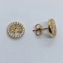 Életfát mintázó, cirkon köves kerettel díszített arany srófos fülbevaló