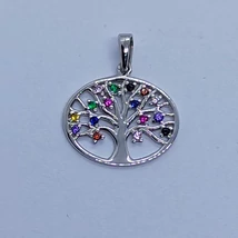 Színes cirkon kővel kirakott életfás fehér arany medál