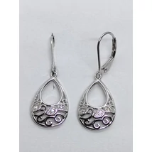 Csepp alakú, szecesziós cirkon köves, árrört mintás ezüst lógós fülbevaló