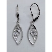 Levél formájú, áttört mintás 2 db cirkon cseppkővel díszített ezüst lógós fülbevaló