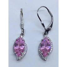 Csónak alakú rózsaszín cirkon köves asszimetrikusan eltolt, fehér cirkon sorkővel díszített ezüst lógós fülbevaló