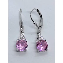 4 karomba foglalt kerek rózsaszín cirkon köves felül buttonos foglalatú fehér cirkon kővel díszített ezüst lógós fülbevaló