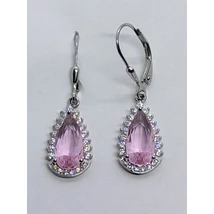 Csepp formáljú fehér cirkon sorkővel keretezett 3 karomba foglalt rózsaszín cirkon köves ezüst fülbevaló